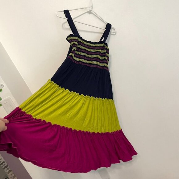 SPENSE Navy Blue Lime Green Fuchsia Smocked Tiered Dress Sundress PETITE Medium - Picture 6 of 14